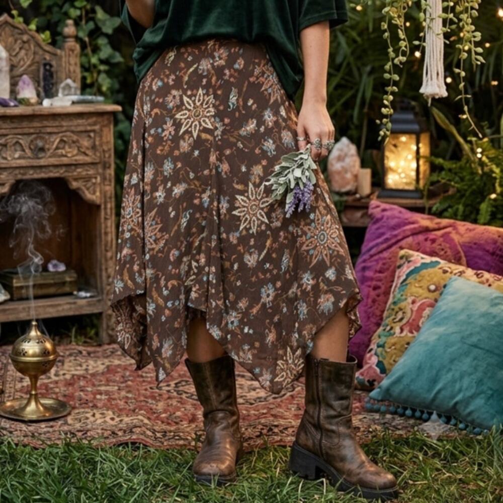 Bob Mackie boho witchy handkerchief hem midi skirt whimsical paisley floral